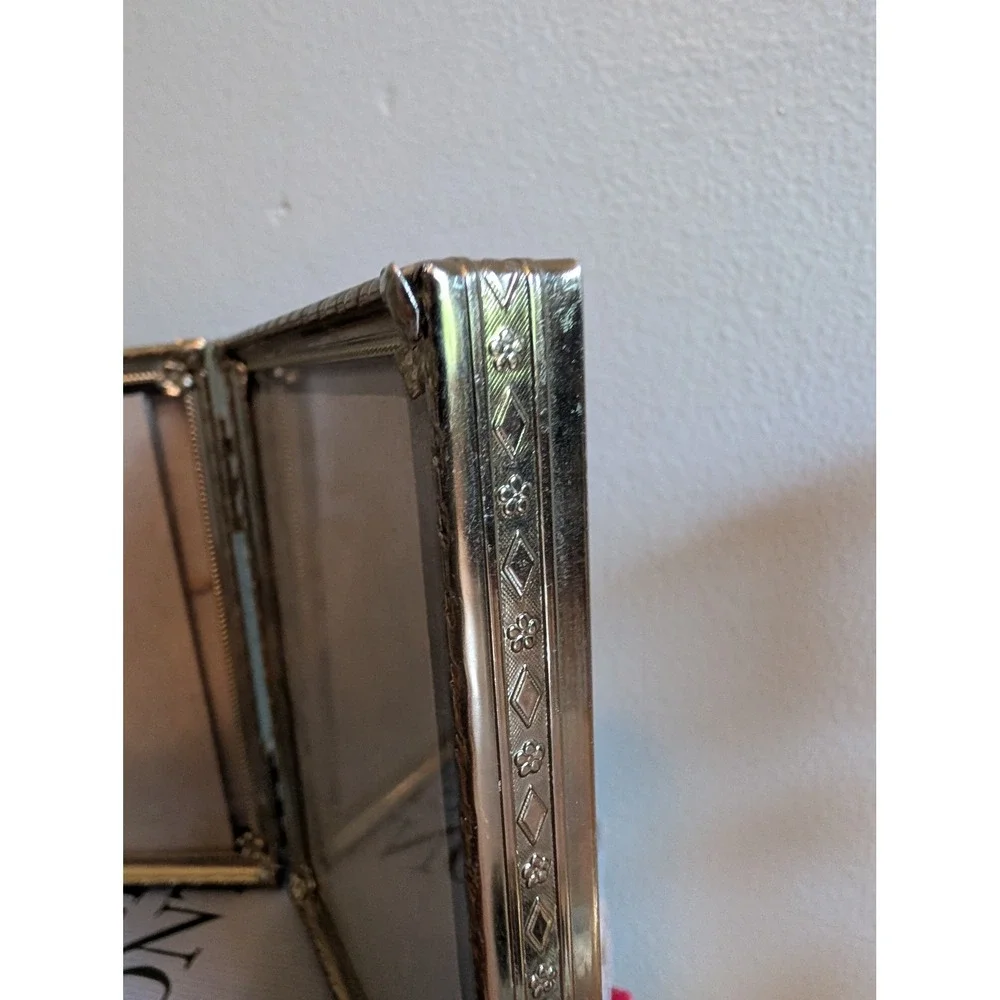 Vintage Mid Century Brass Toned Triptych Hinged Picture Frame Floral Embossed